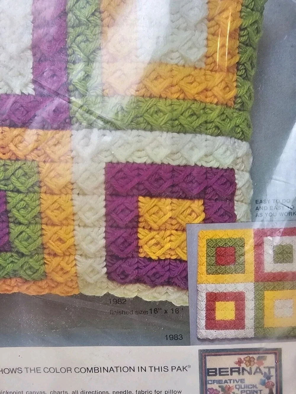 Vtg Bernat Quickpoint in Quilt Stitch Pillow Kit Orange Green Yellow 16x16 NOS